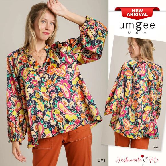 Umgee Satin Paisley Print Ruffle Neck Detail Buttoned Long Sleeves Blouse | Lime - Picture 1 of 8